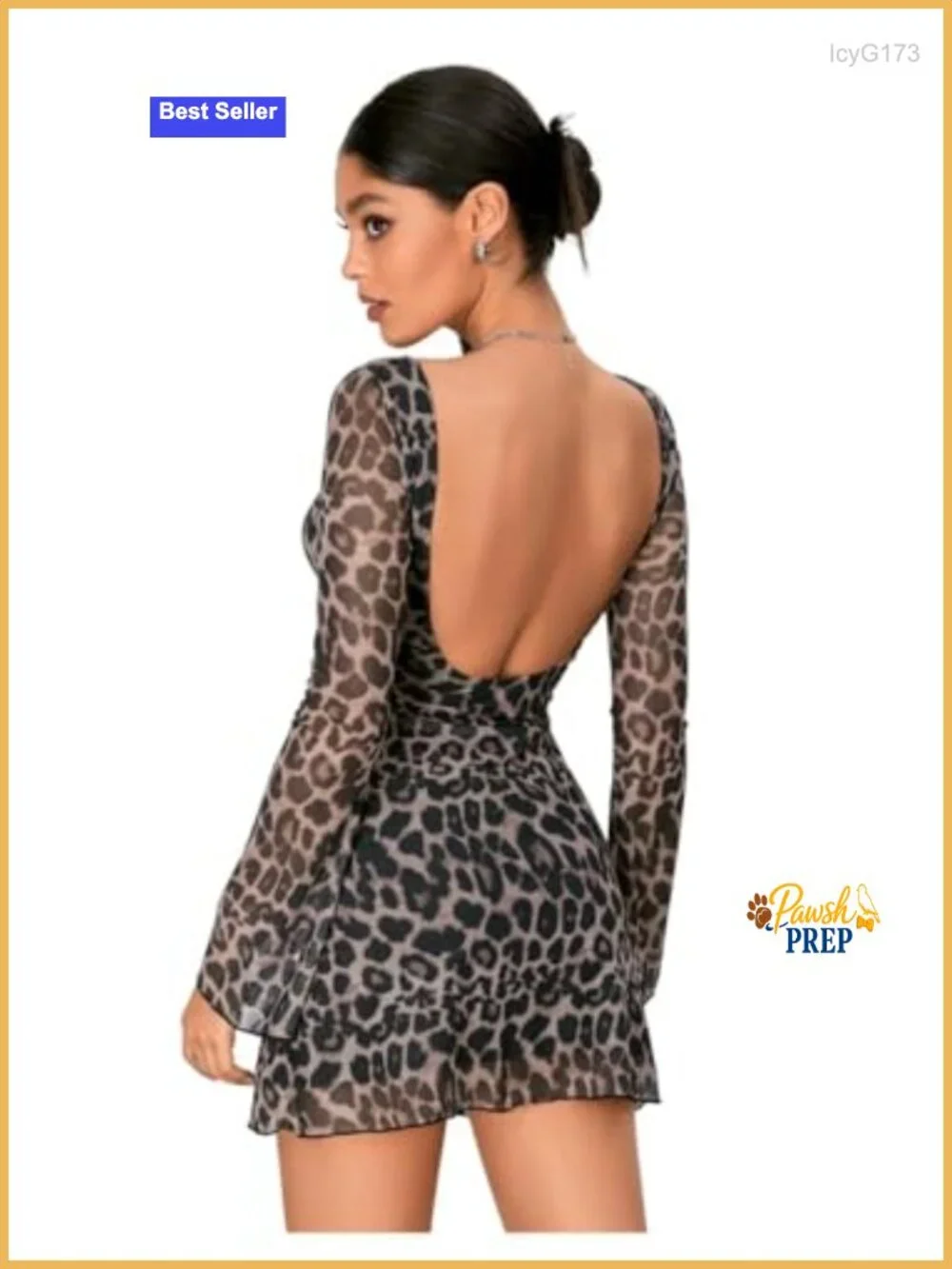 Y2K Leopard Print Mesh Bell Long Sleeve Backless Mini Dress